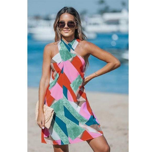 CUPSHE Geometric Cross Over Neck Sleeveless Mini Dress Retro Chic Beach Sz Small - Picture 2 of 9